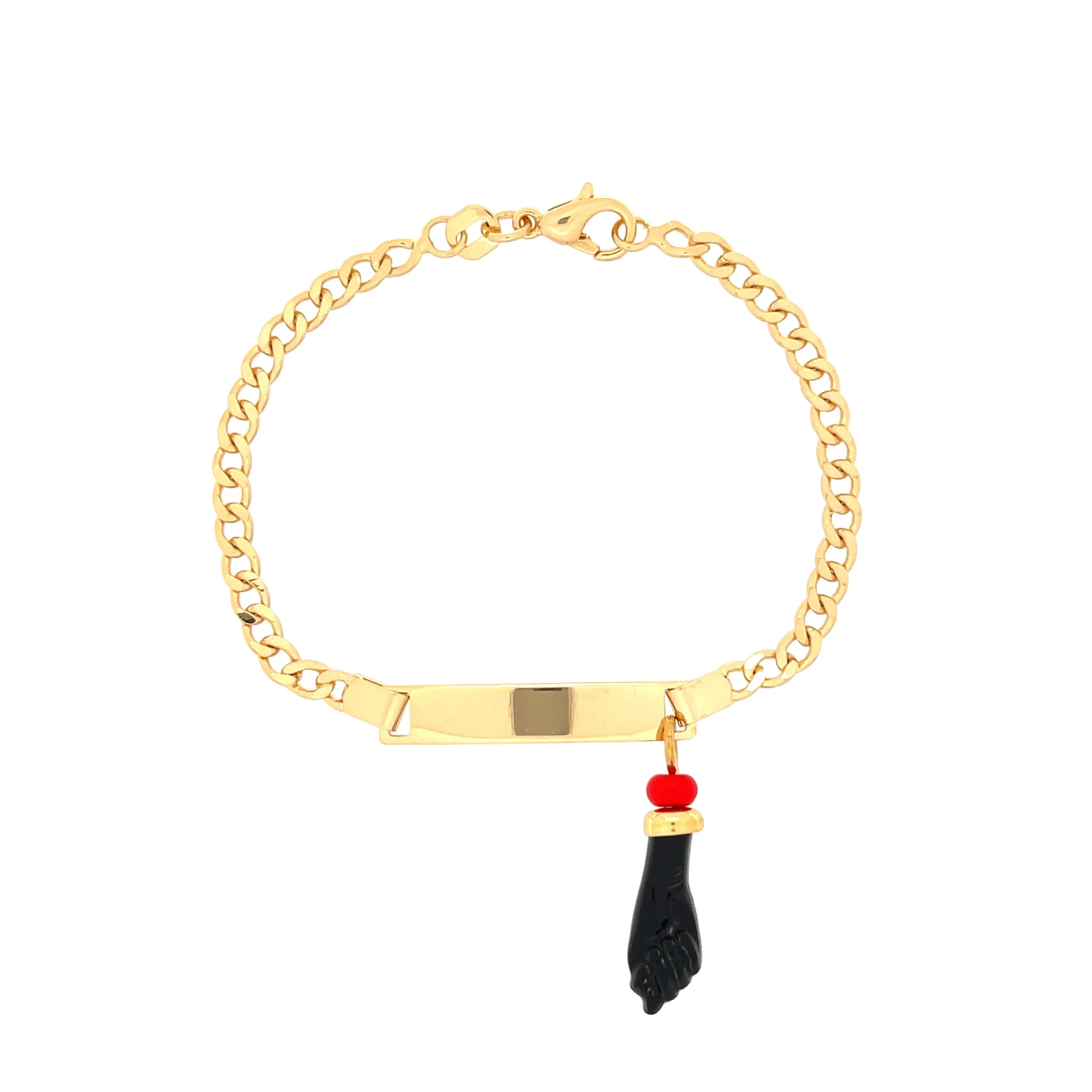 Black Figa Hand Charm Baby Bracelet Plain Plate Cuban Curb Chain Link