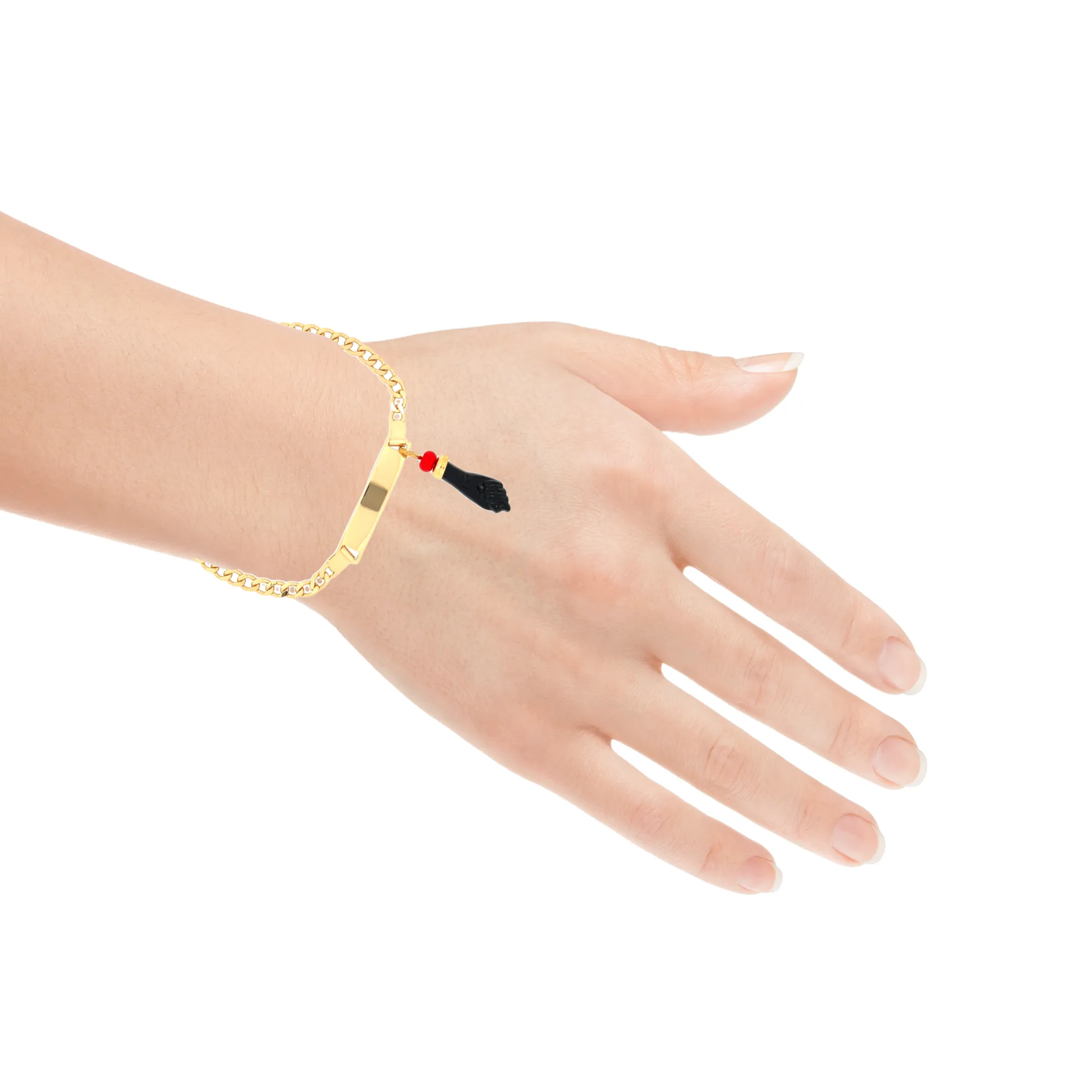 Black Figa Hand Charm Baby Bracelet Plain Plate Cuban Curb Chain Link