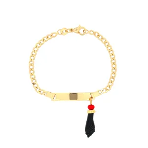 Black Figa Hand Charm Baby Bracelet Plain Plate Cuban Curb Chain Link