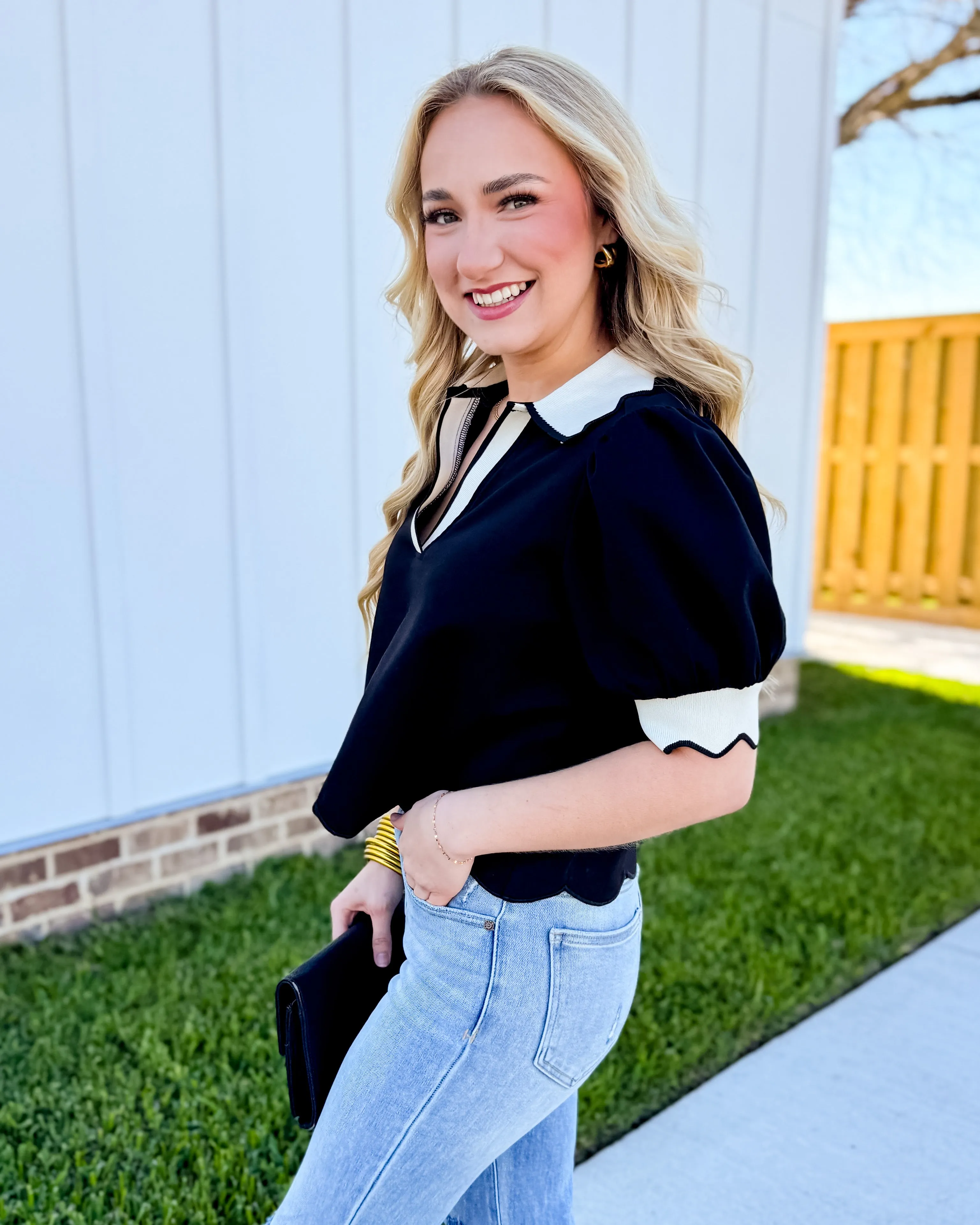 Black Puff Sleeve Scallop Hymn Top