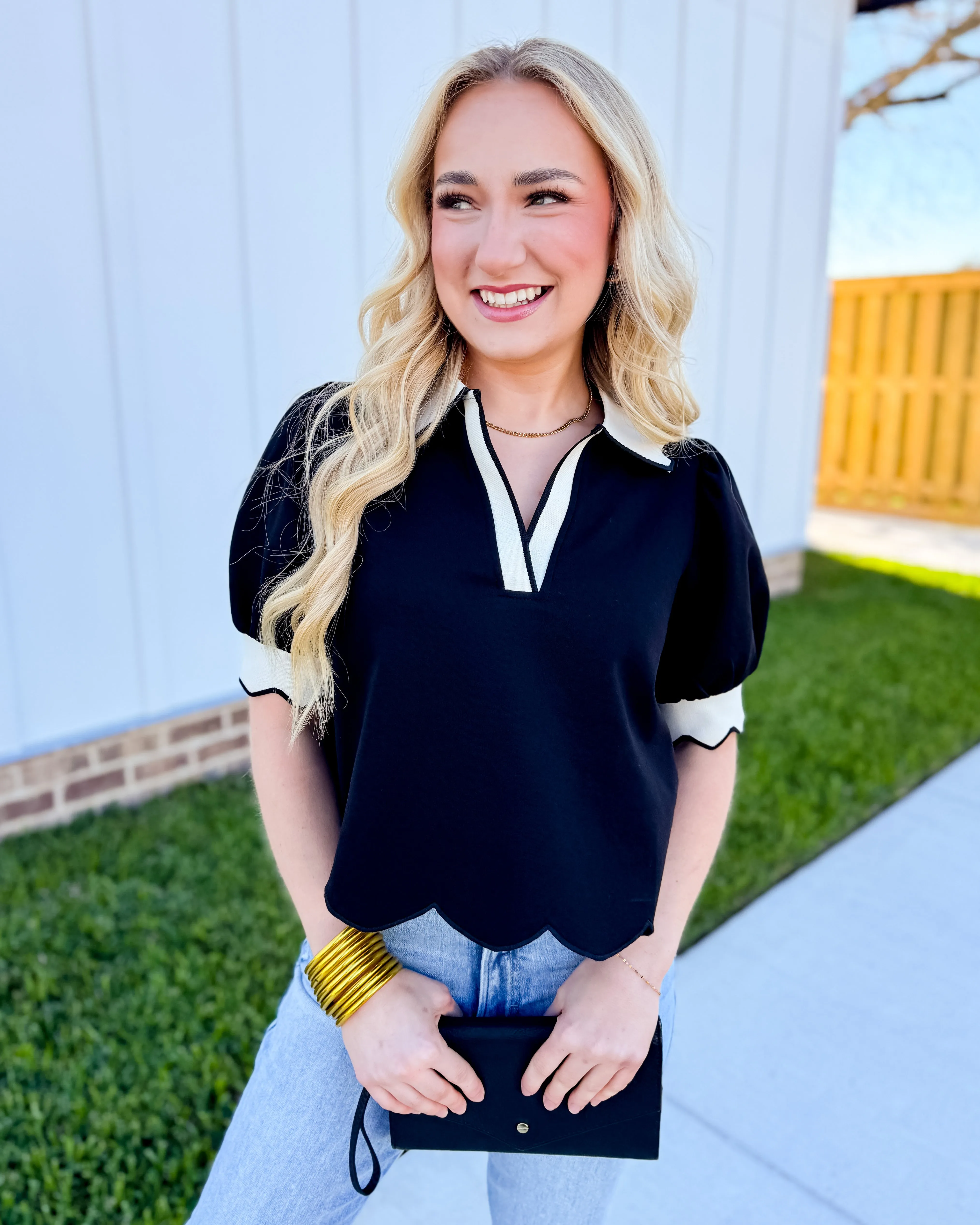 Black Puff Sleeve Scallop Hymn Top