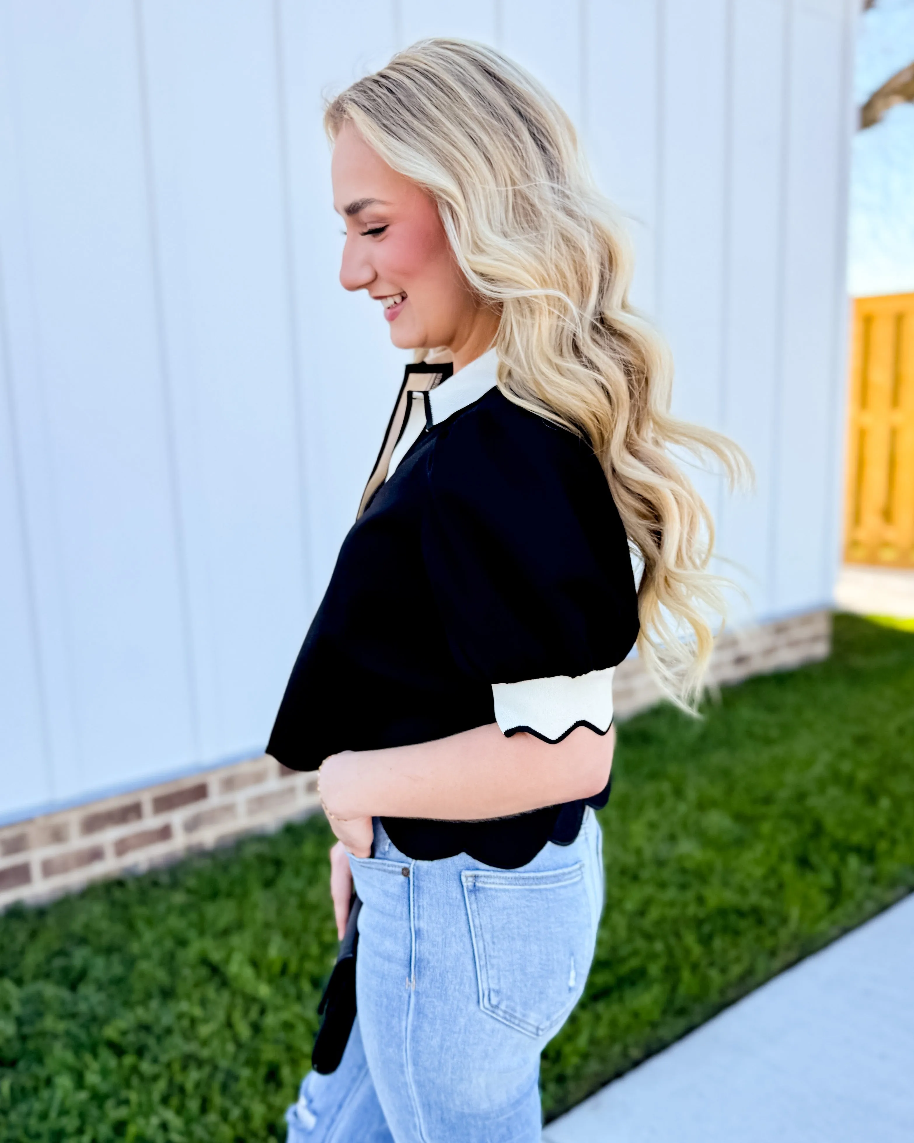 Black Puff Sleeve Scallop Hymn Top