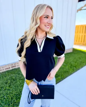 Black Puff Sleeve Scallop Hymn Top