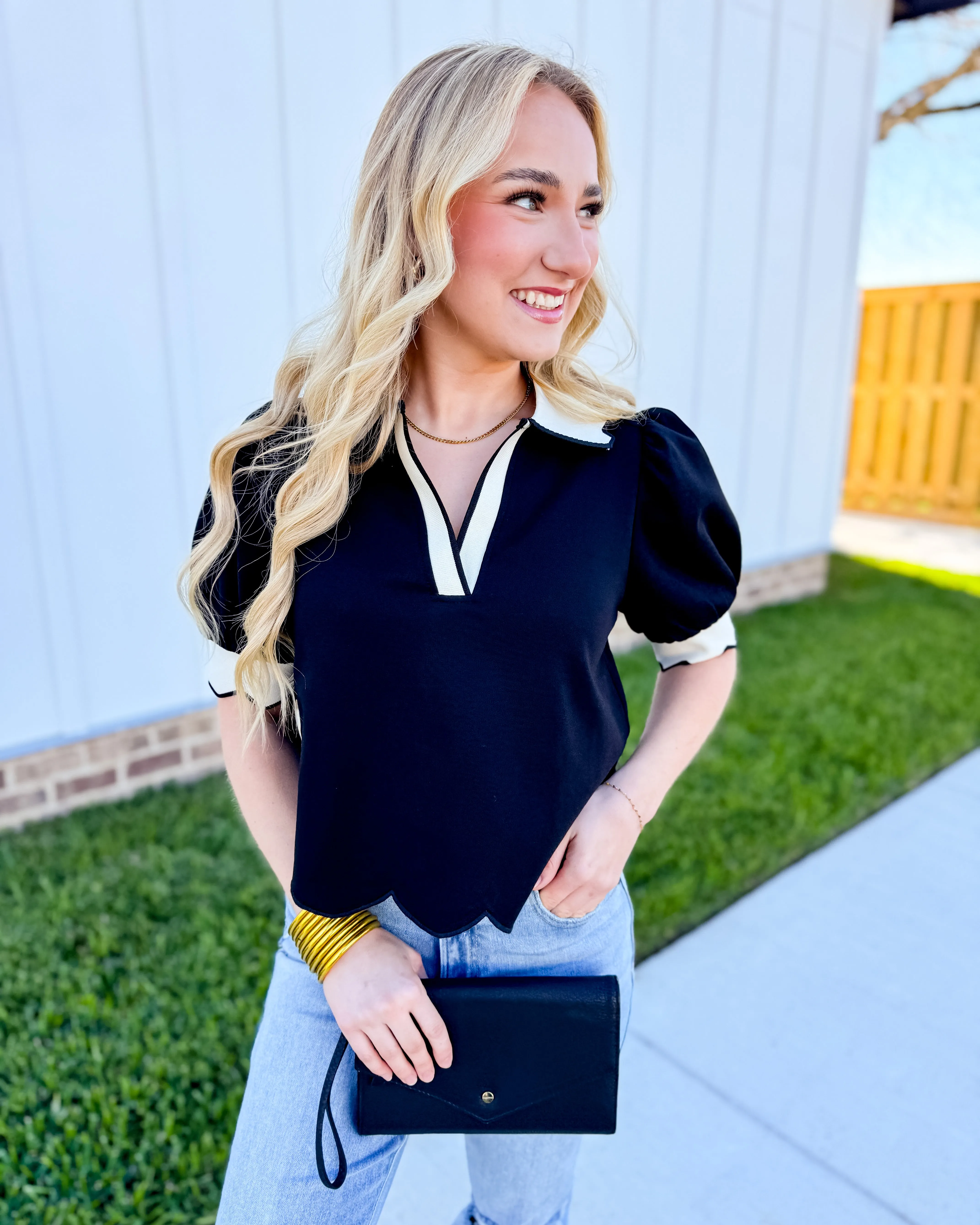 Black Puff Sleeve Scallop Hymn Top
