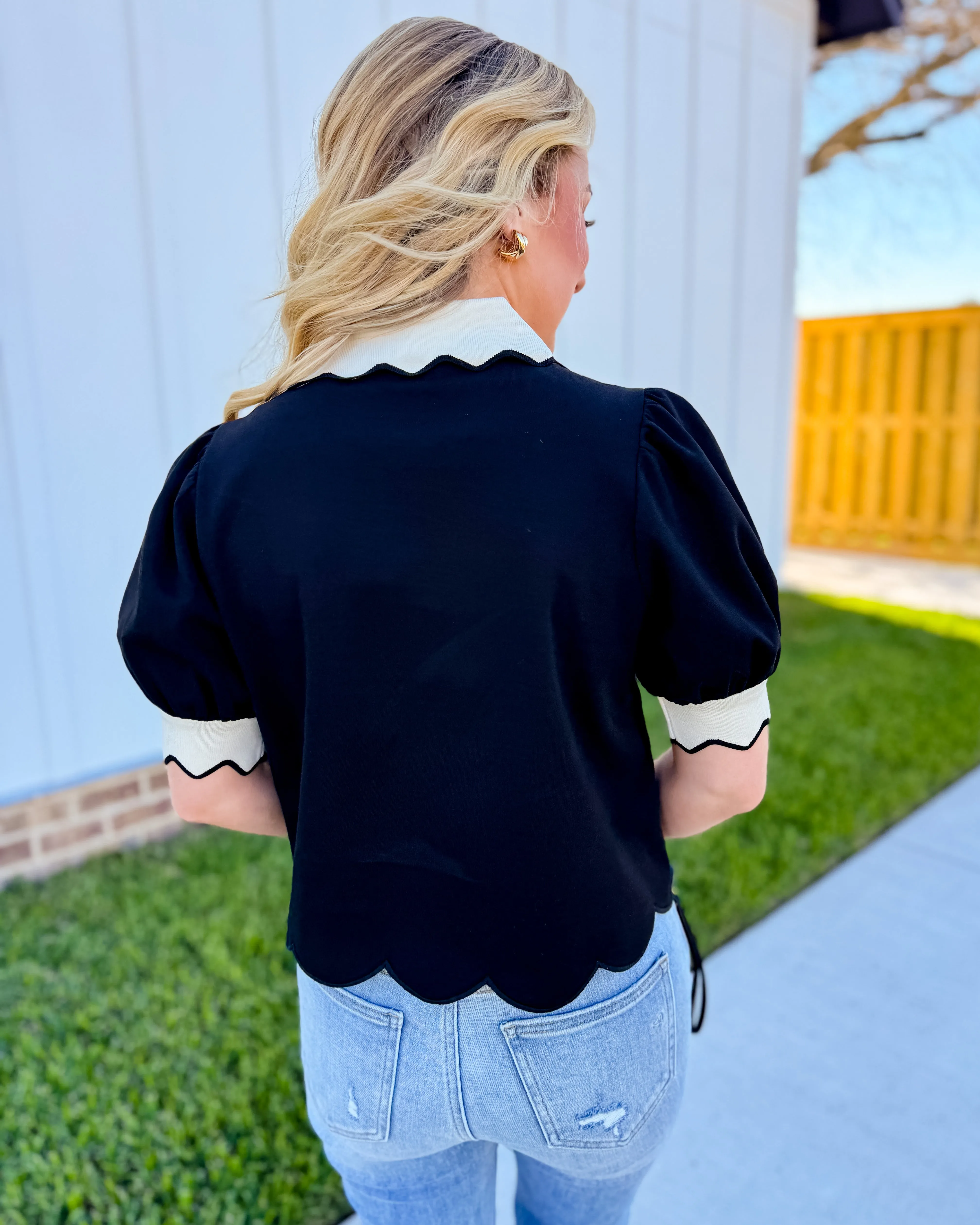 Black Puff Sleeve Scallop Hymn Top