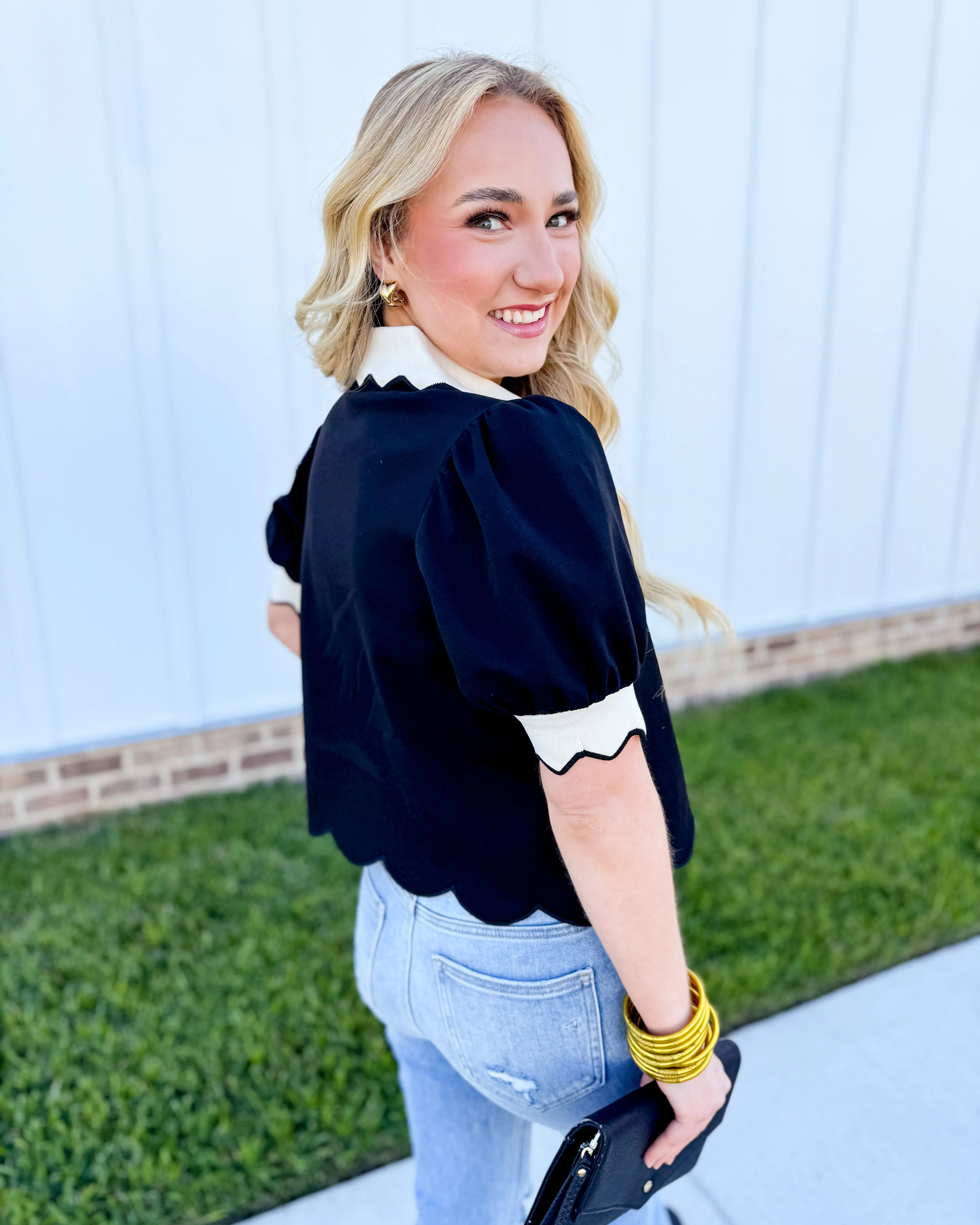 Black Puff Sleeve Scallop Hymn Top
