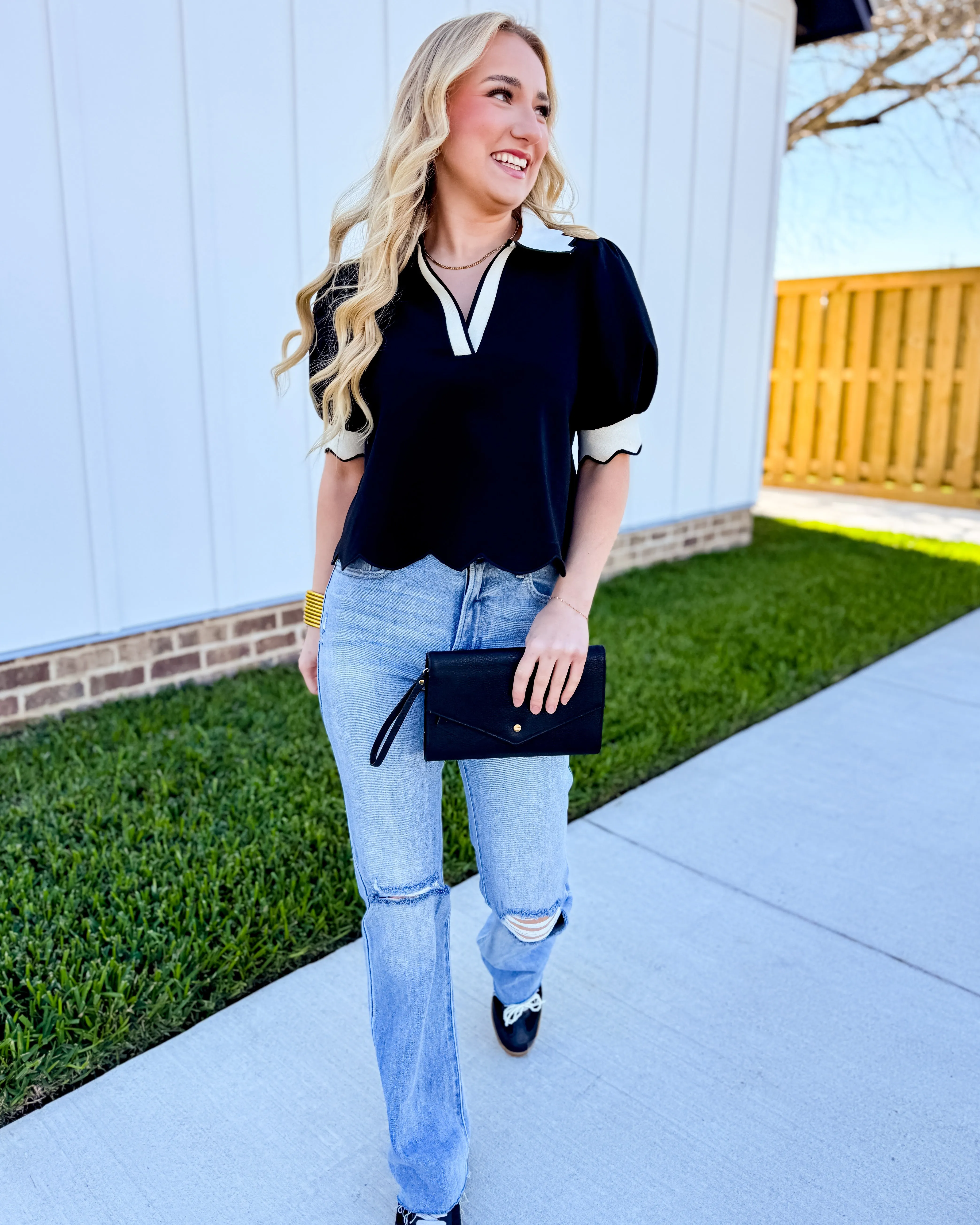 Black Puff Sleeve Scallop Hymn Top