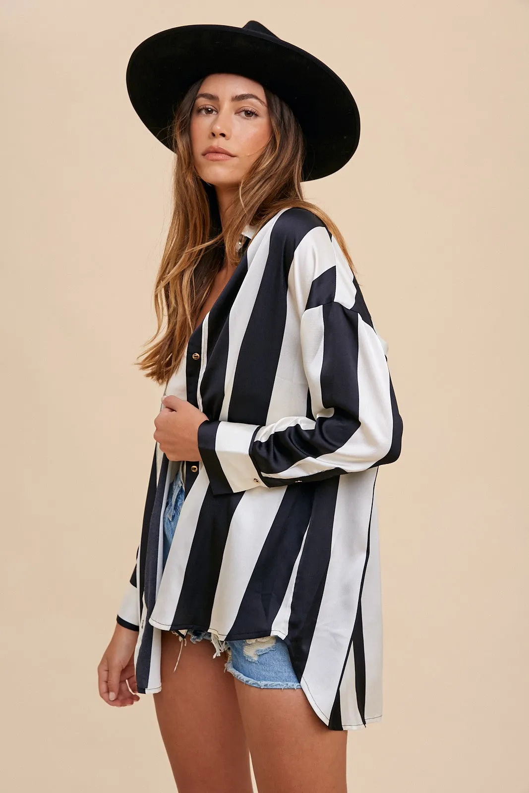 Black/Ivory Striped Dropped Shoulder Button Up Shirt