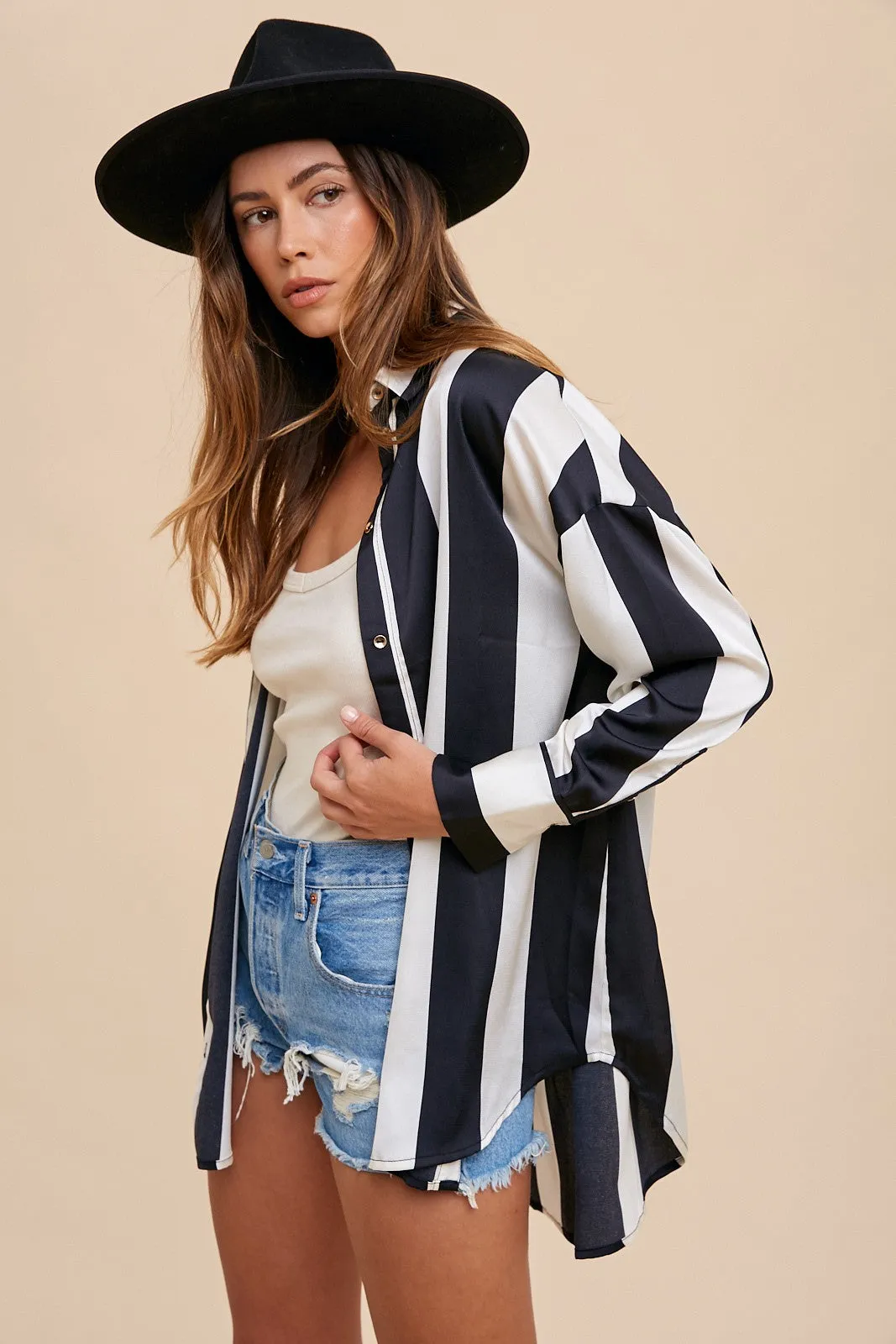 Black/Ivory Striped Dropped Shoulder Button Up Shirt