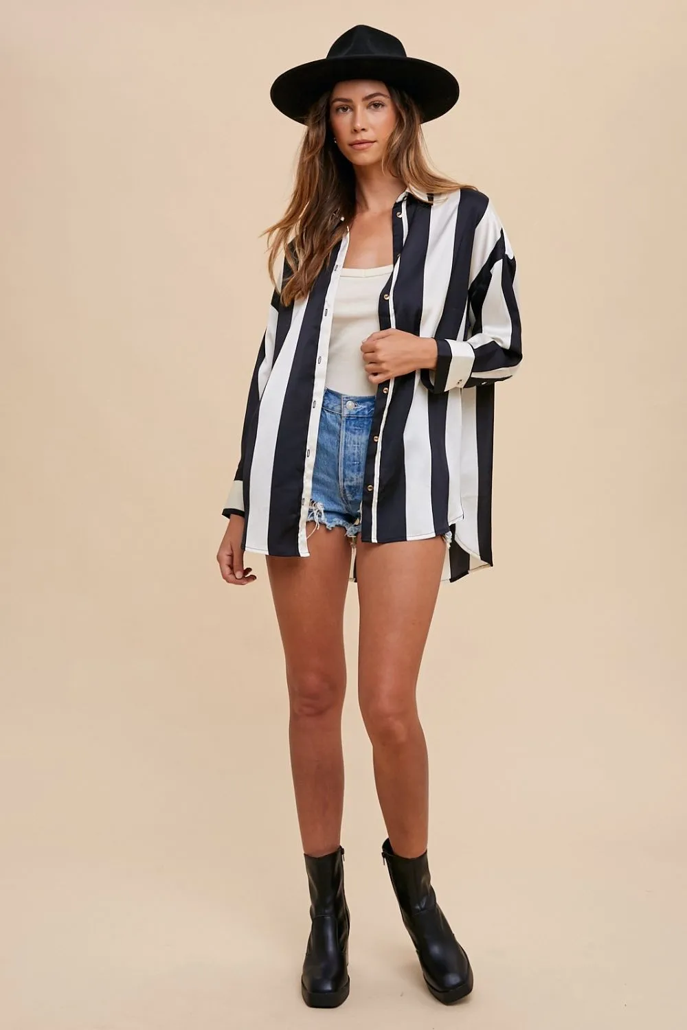 Black/Ivory Striped Dropped Shoulder Button Up Shirt
