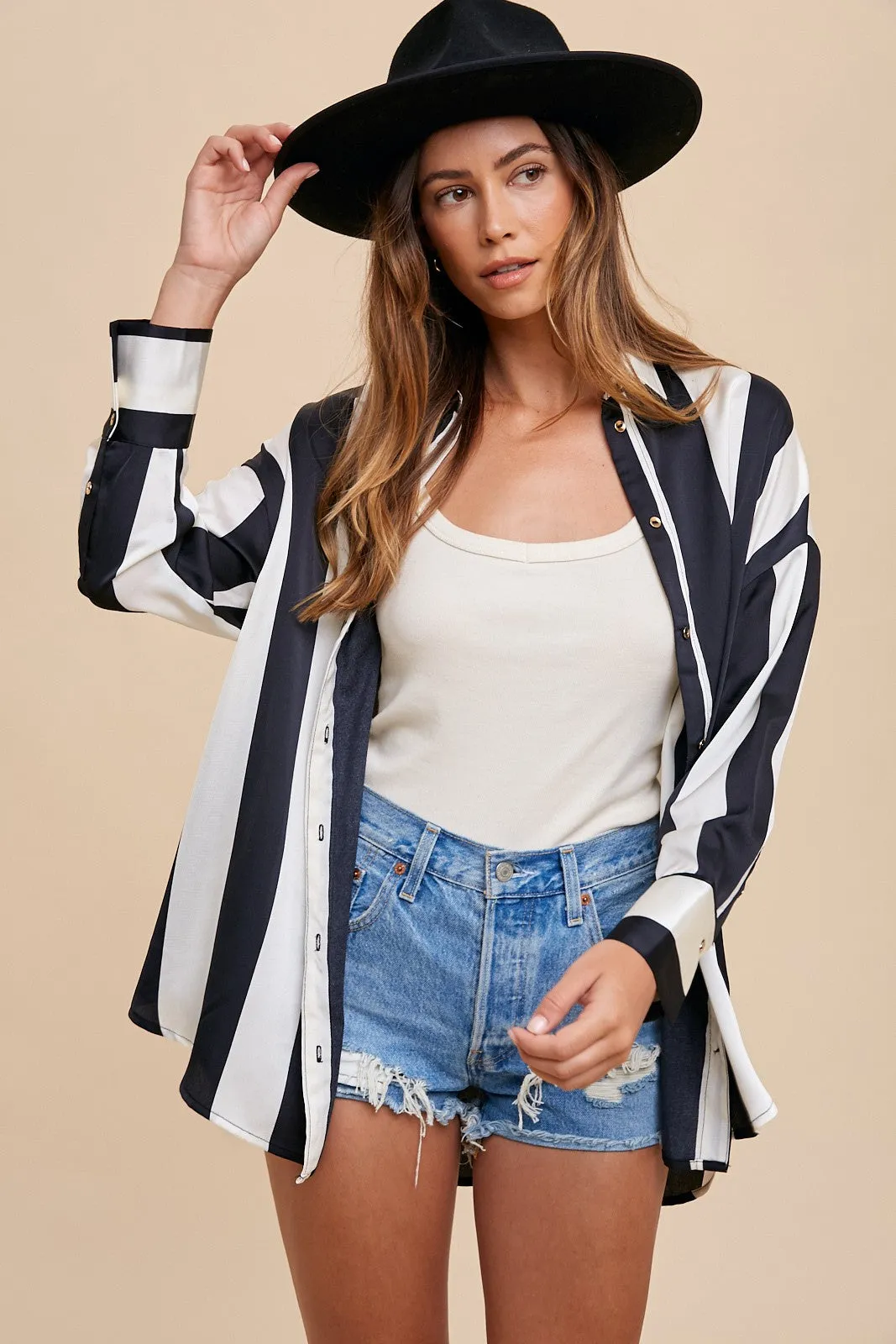Black/Ivory Striped Dropped Shoulder Button Up Shirt