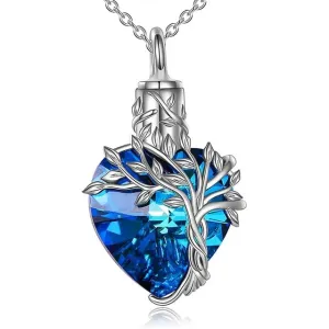 Blue Crystal Heart Embraced by a Vine - Urn Pendant Necklace