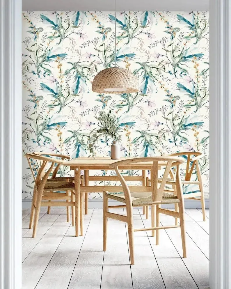 Blue Hue Delicate Floral Botanical Watercolor Wallpaper
