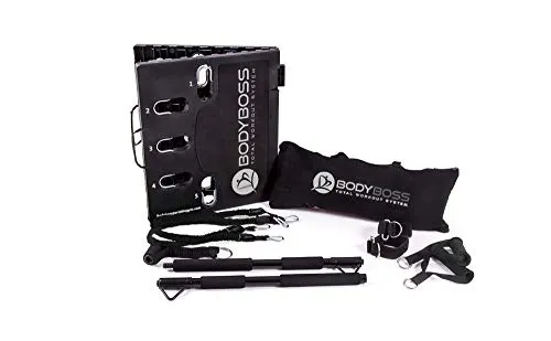 BodyBoss Home Gym 2.0 - Full Portable Gym Home Workout Package   1 Set of Resistance Bands - Collapsible Resistance Bar, Handles - Full Body Workouts for Home, Travel or Outside - Black