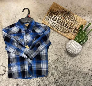 Boy's Wrangler Retro Western Snap Plaid Shirt with Front Sawtooth Pockets in Jet Navy