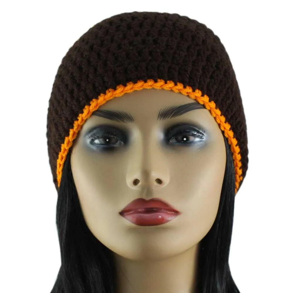Brown with Orange Stripe Crochet Beanie Hat Medium/Large - STXH24ML