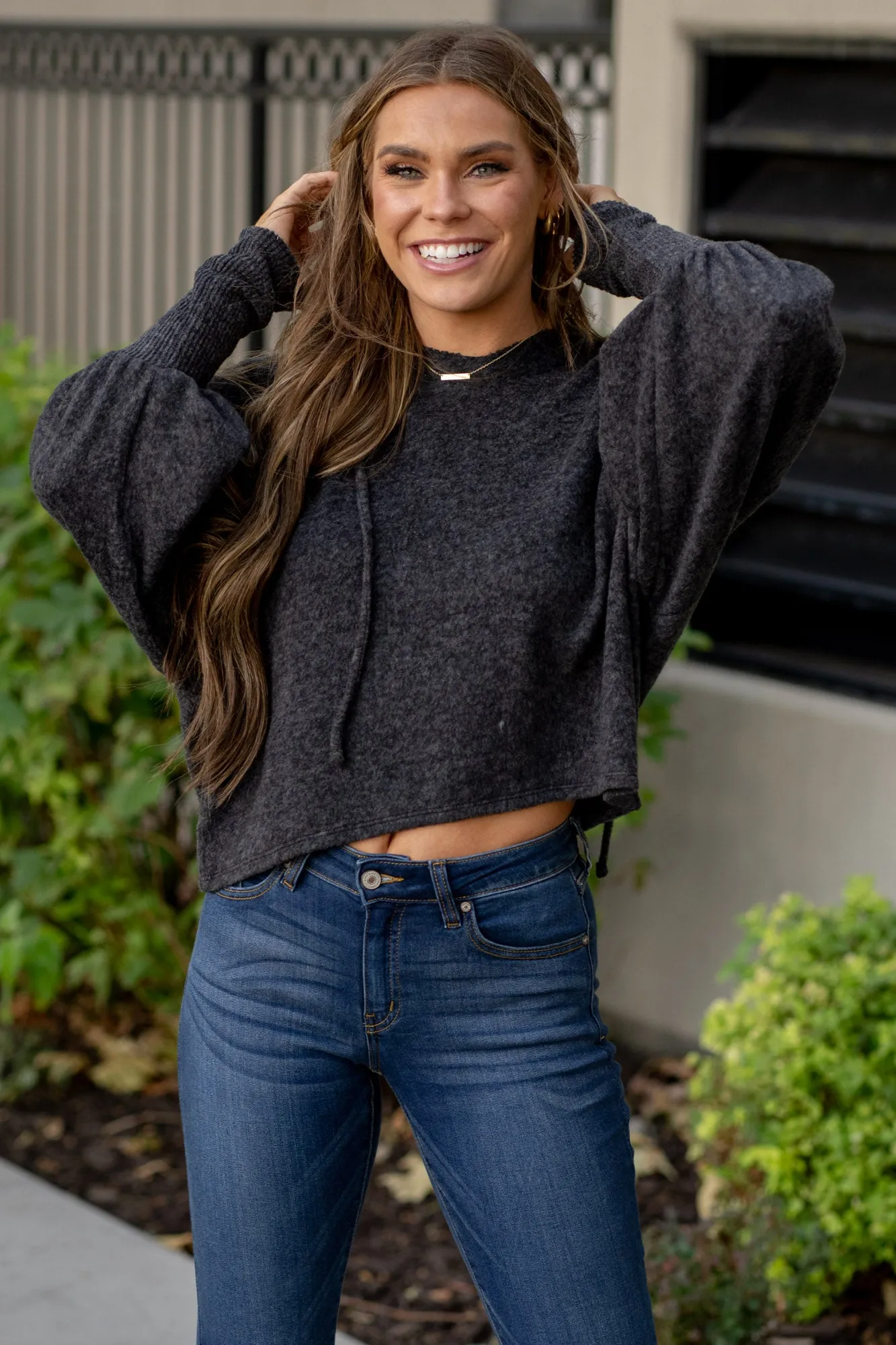 Brushed Hacci Drop Shoulder Cropped Hoodie