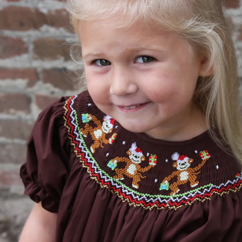 Christmas Monkeys Dark Brown Smocked Bishop