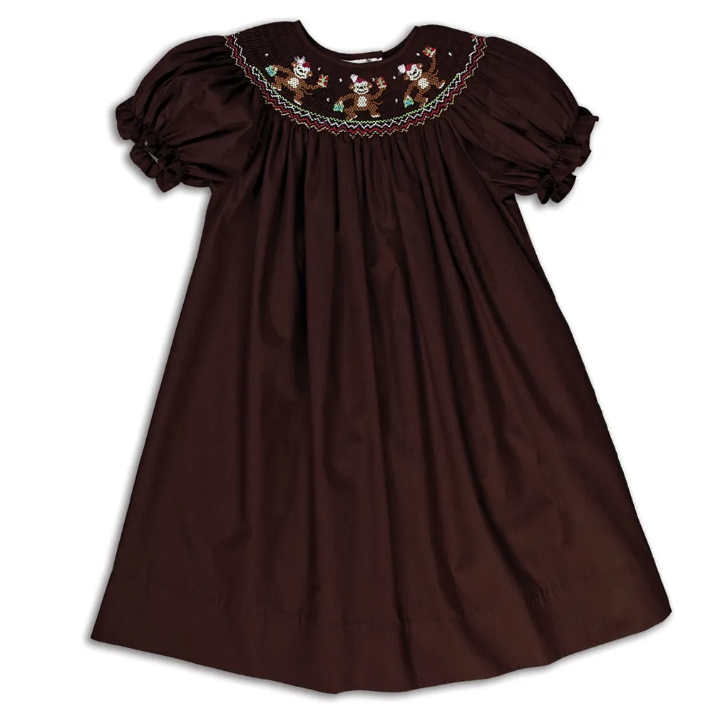 Christmas Monkeys Dark Brown Smocked Bishop