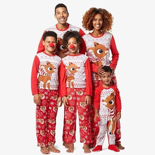 Christmas Red Family Children Adult Clothes Cartoon Elk Print Parent-child Suit