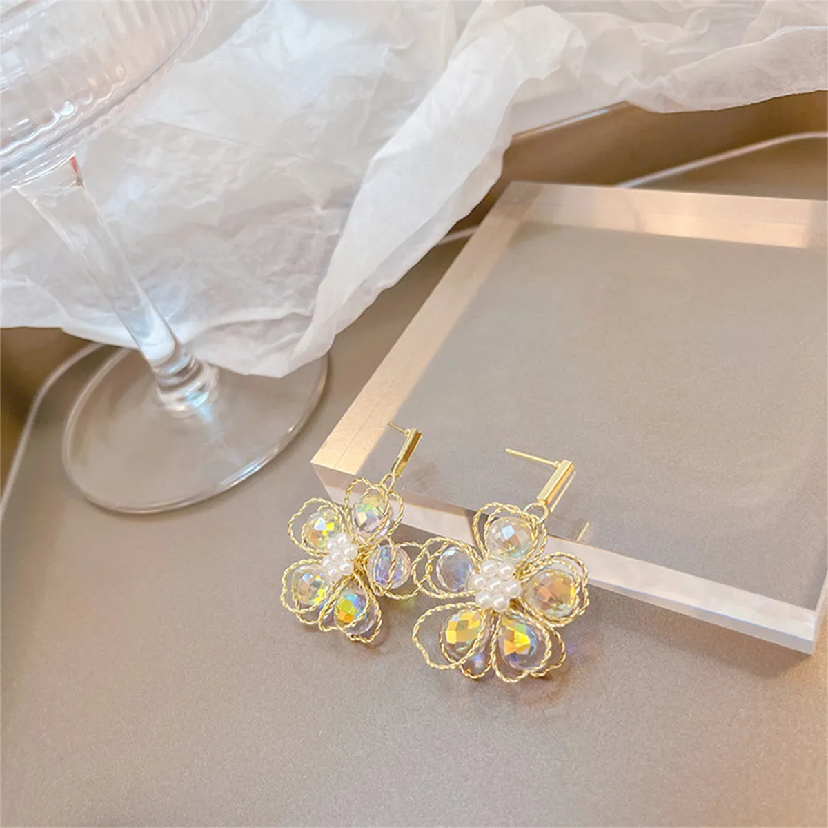 Colored Crystal & Pearl 18K Gold-Plated Floral Drop Earrings