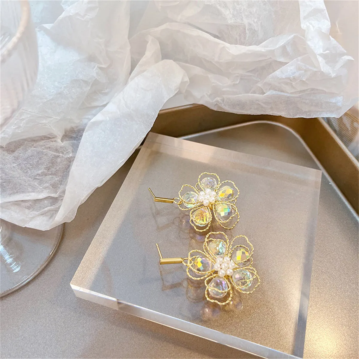 Colored Crystal & Pearl 18K Gold-Plated Floral Drop Earrings