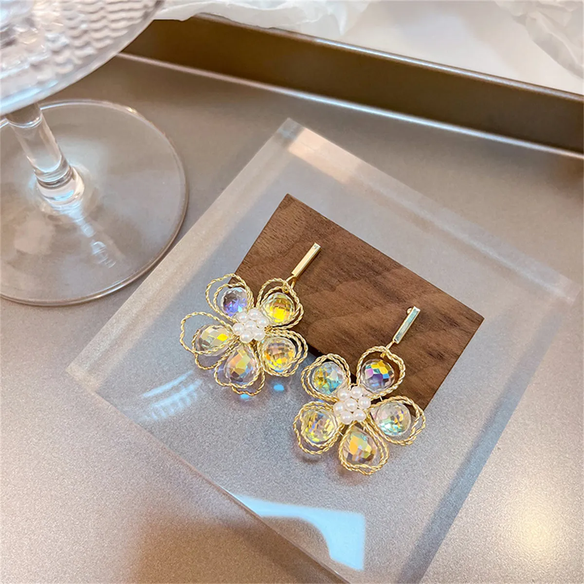 Colored Crystal & Pearl 18K Gold-Plated Floral Drop Earrings