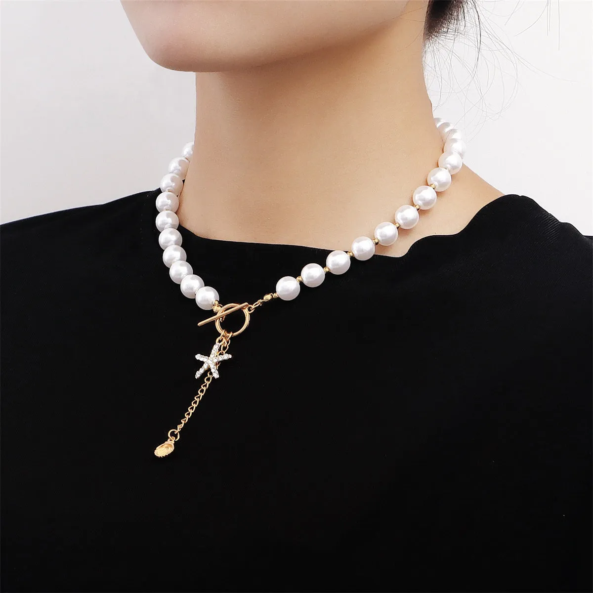 Cubic Zirconia & Pearl 18K Gold-Plated Starfish Toggle Lariat Necklace