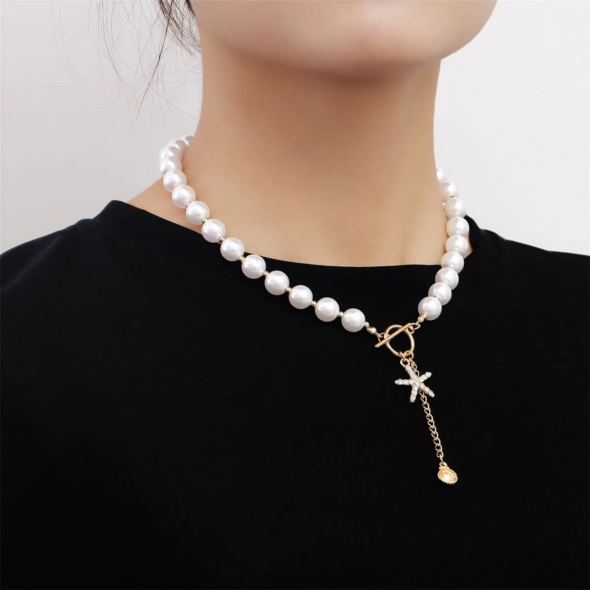 Cubic Zirconia & Pearl 18K Gold-Plated Starfish Toggle Lariat Necklace