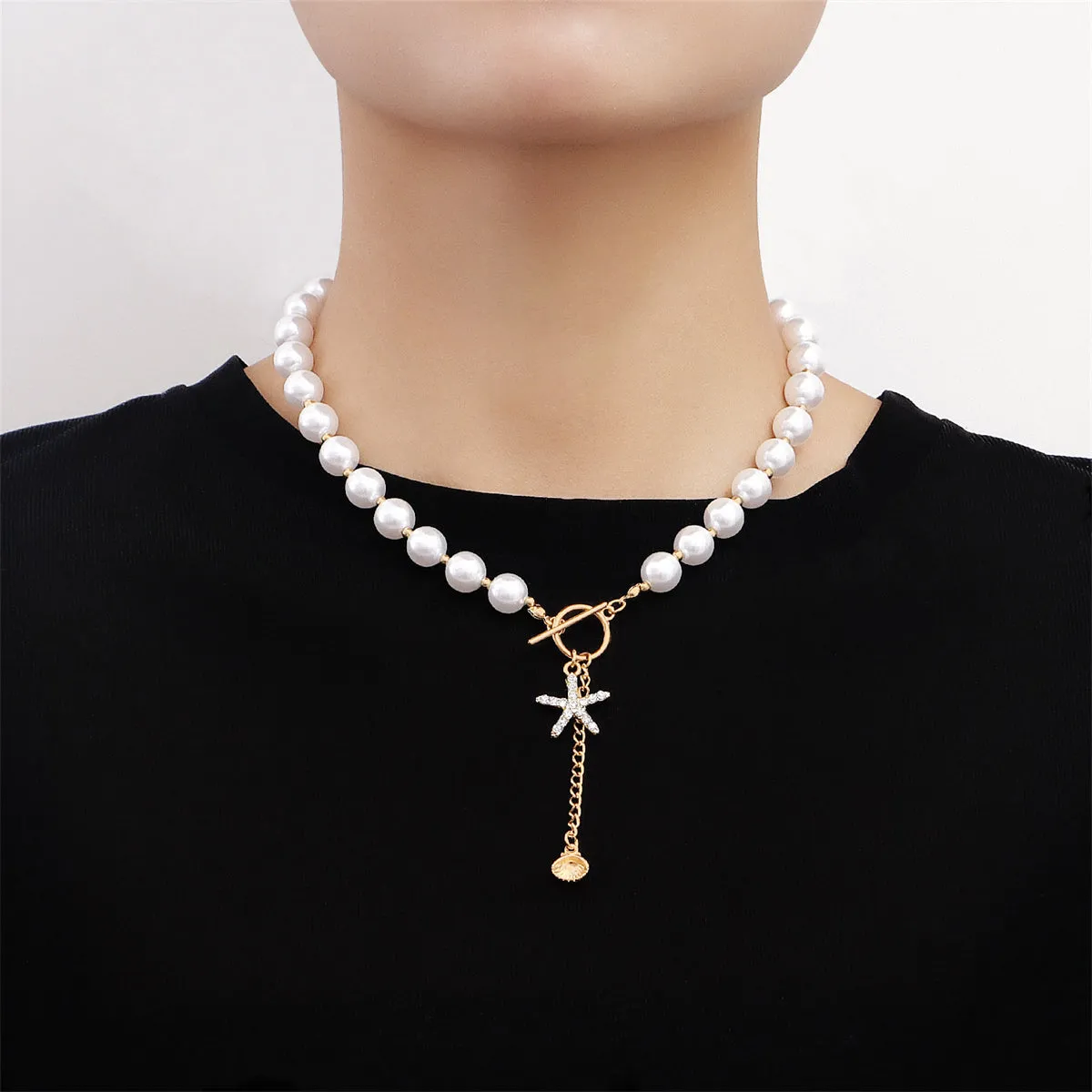 Cubic Zirconia & Pearl 18K Gold-Plated Starfish Toggle Lariat Necklace