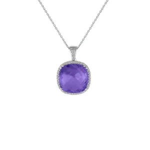 Cushion Cut Amethyst and Diamond Accent Pendant in Silver