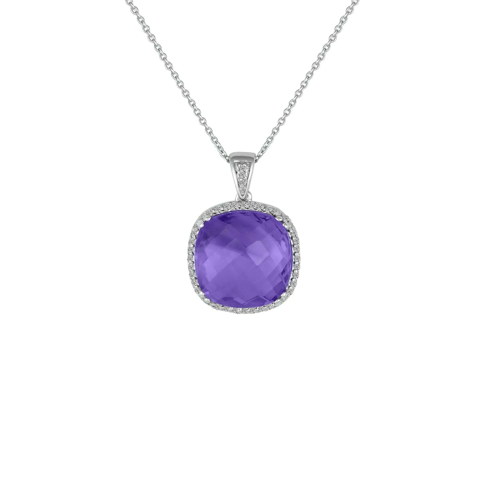 Cushion Cut Amethyst and Diamond Accent Pendant in Silver