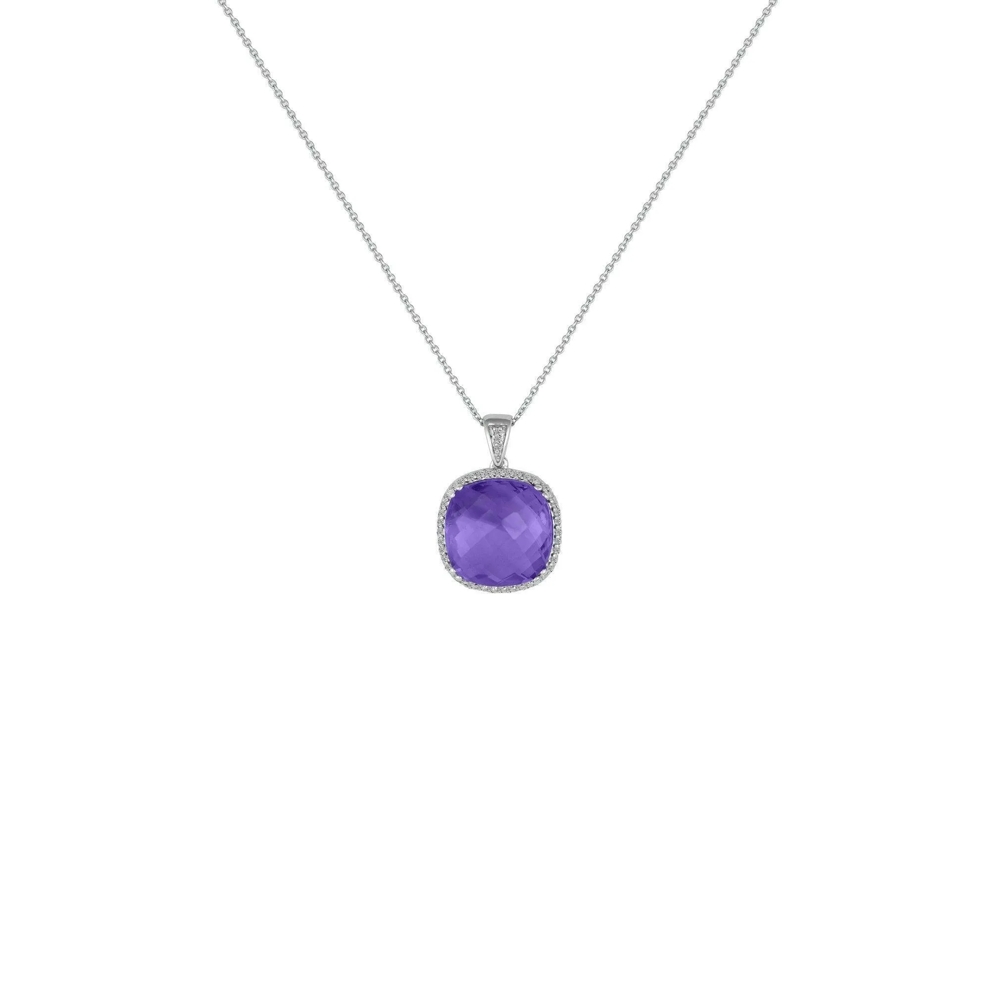 Cushion Cut Amethyst and Diamond Accent Pendant in Silver
