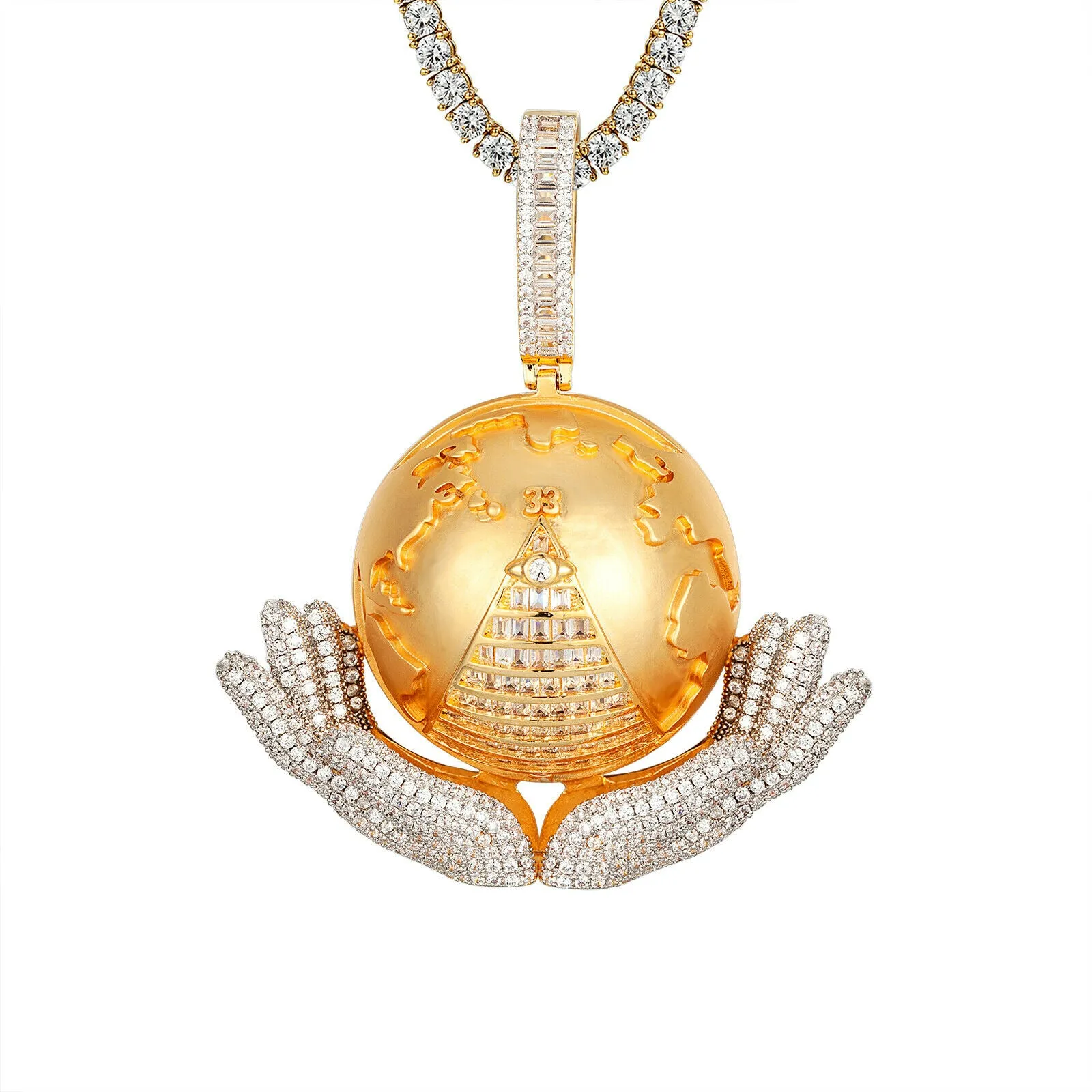 Custom Hand Holding World Pyramid  Fully Simulated Diamond With Chain