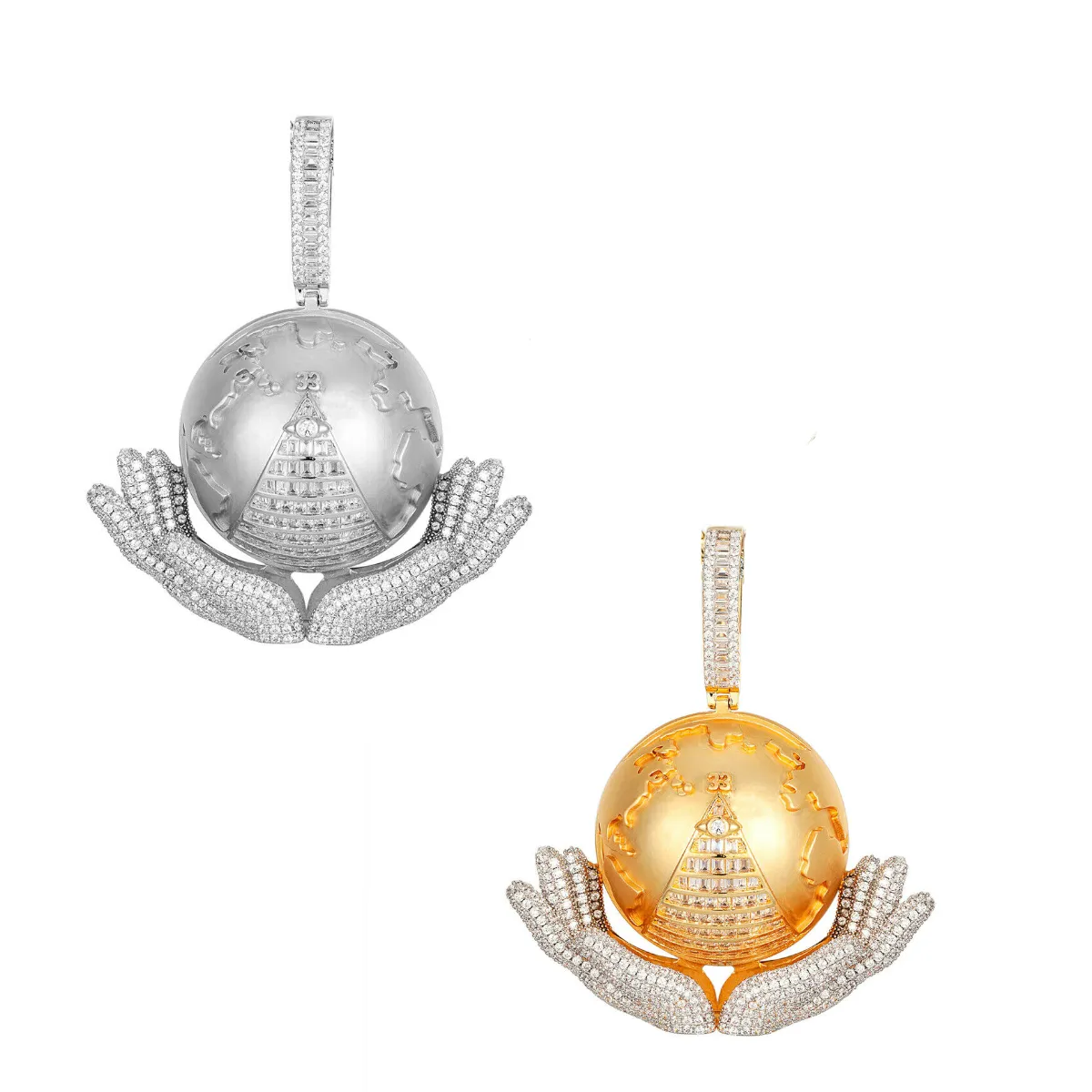 Custom Hand Holding World Pyramid  Fully Simulated Diamond With Chain