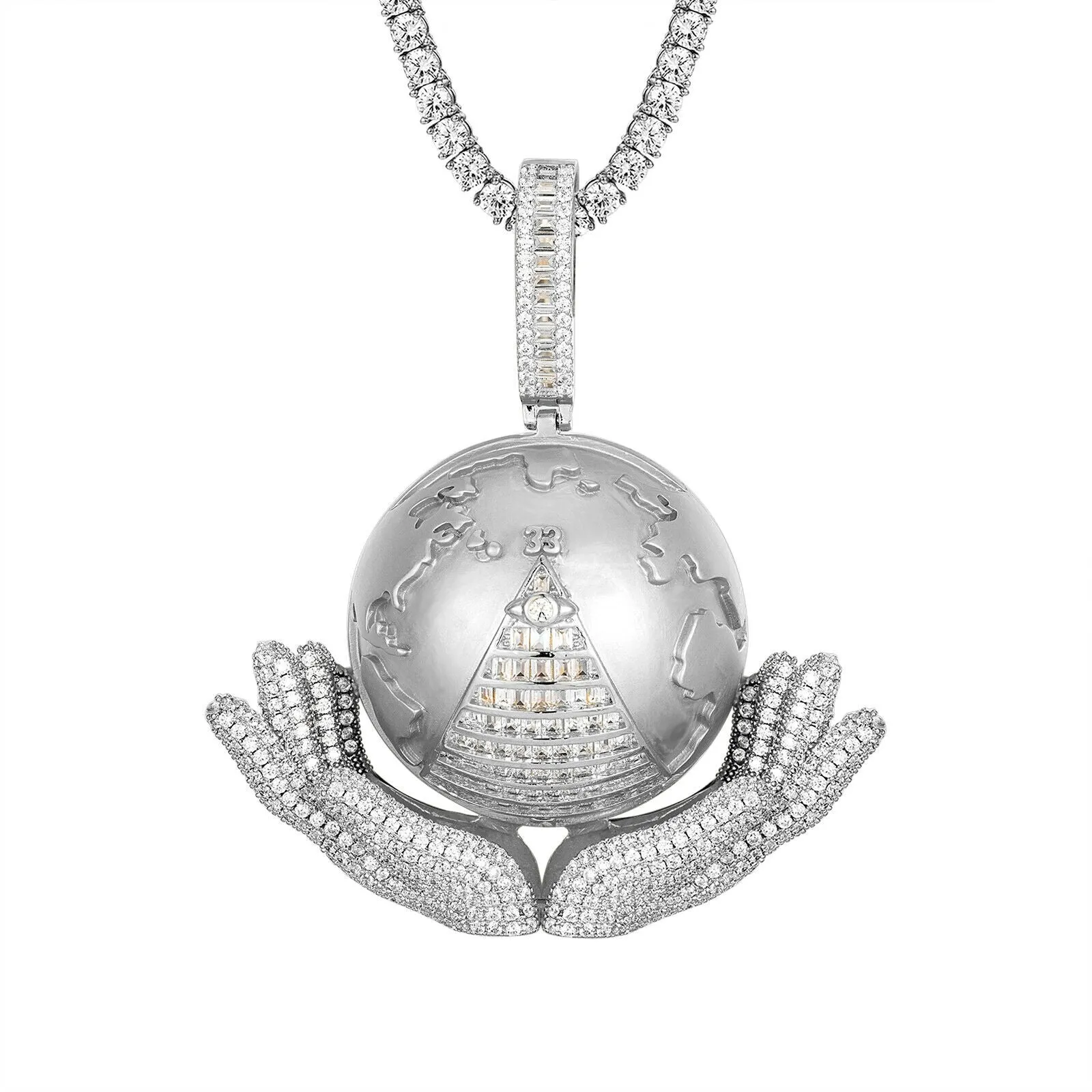 Custom Hand Holding World Pyramid  Fully Simulated Diamond With Chain