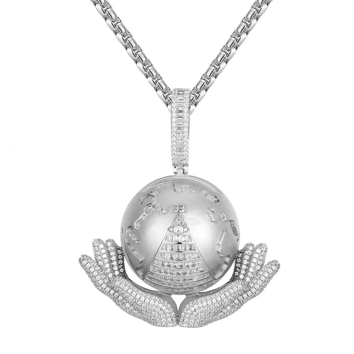 Custom Hand Holding World Pyramid  Fully Simulated Diamond With Chain