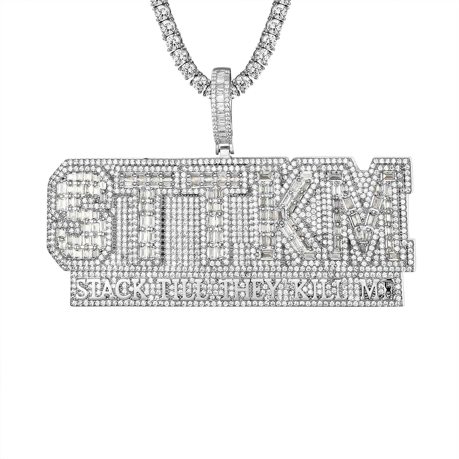Custom Stack Till They Kill Me Baguette Simulated Diamond With Chain