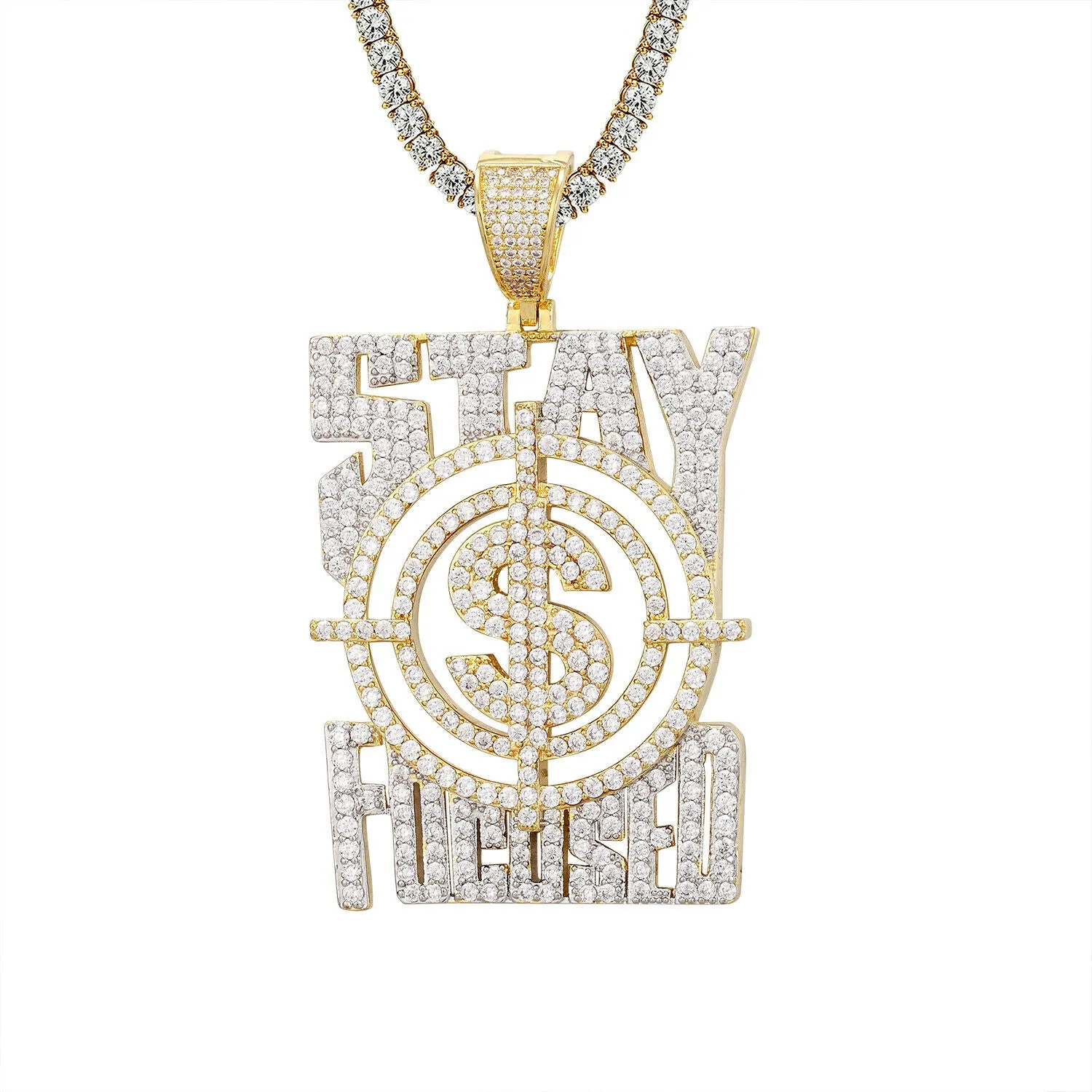 Custom Stay Focused Dollar Sign Simulated Diamond  Pendant With Chain