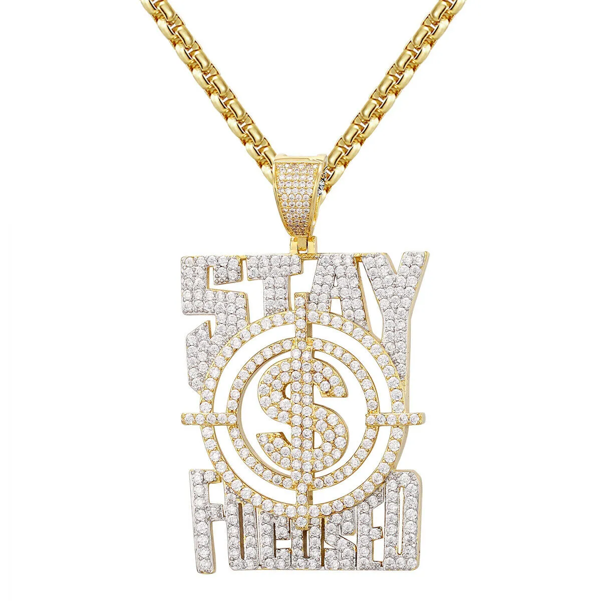 Custom Stay Focused Dollar Sign Simulated Diamond  Pendant With Chain