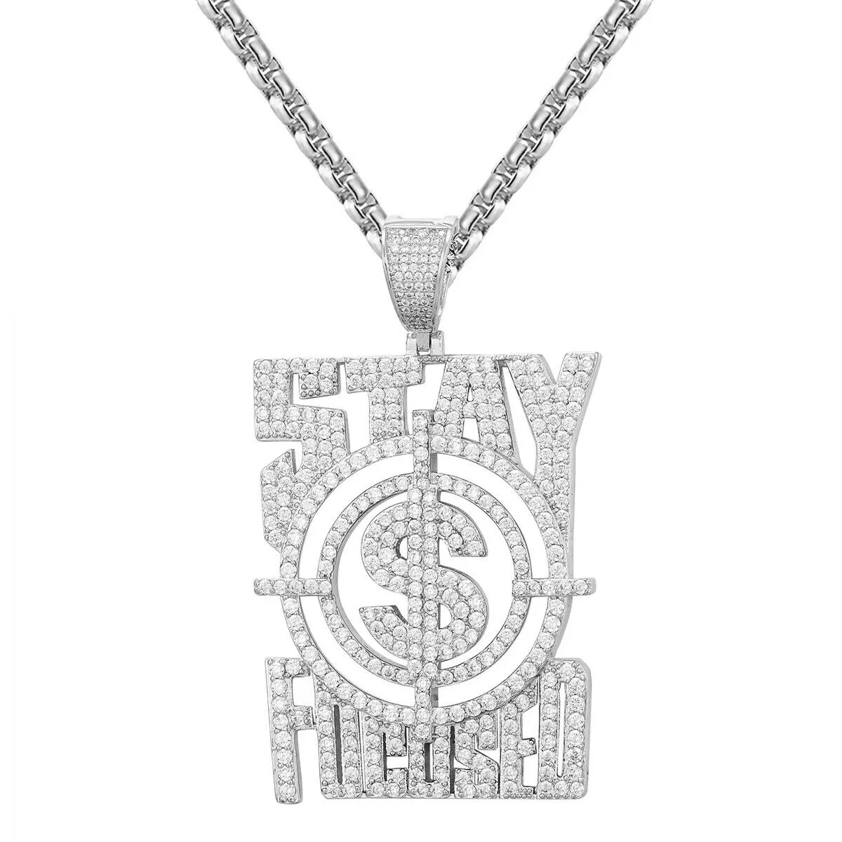 Custom Stay Focused Dollar Sign Simulated Diamond  Pendant With Chain