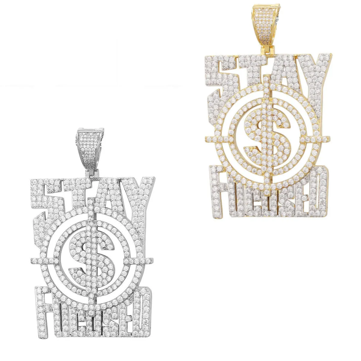 Custom Stay Focused Dollar Sign Simulated Diamond  Pendant With Chain