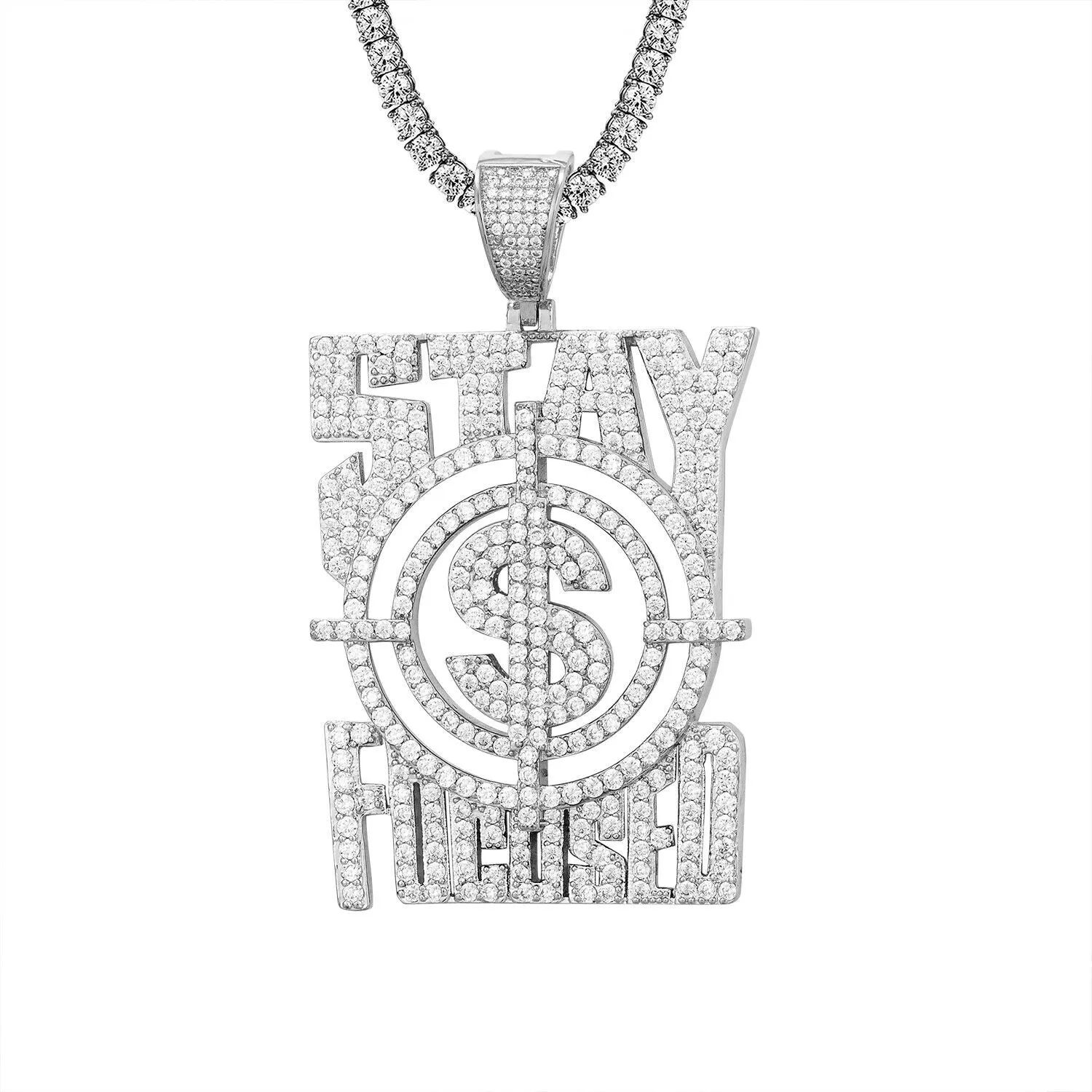 Custom Stay Focused Dollar Sign Simulated Diamond  Pendant With Chain