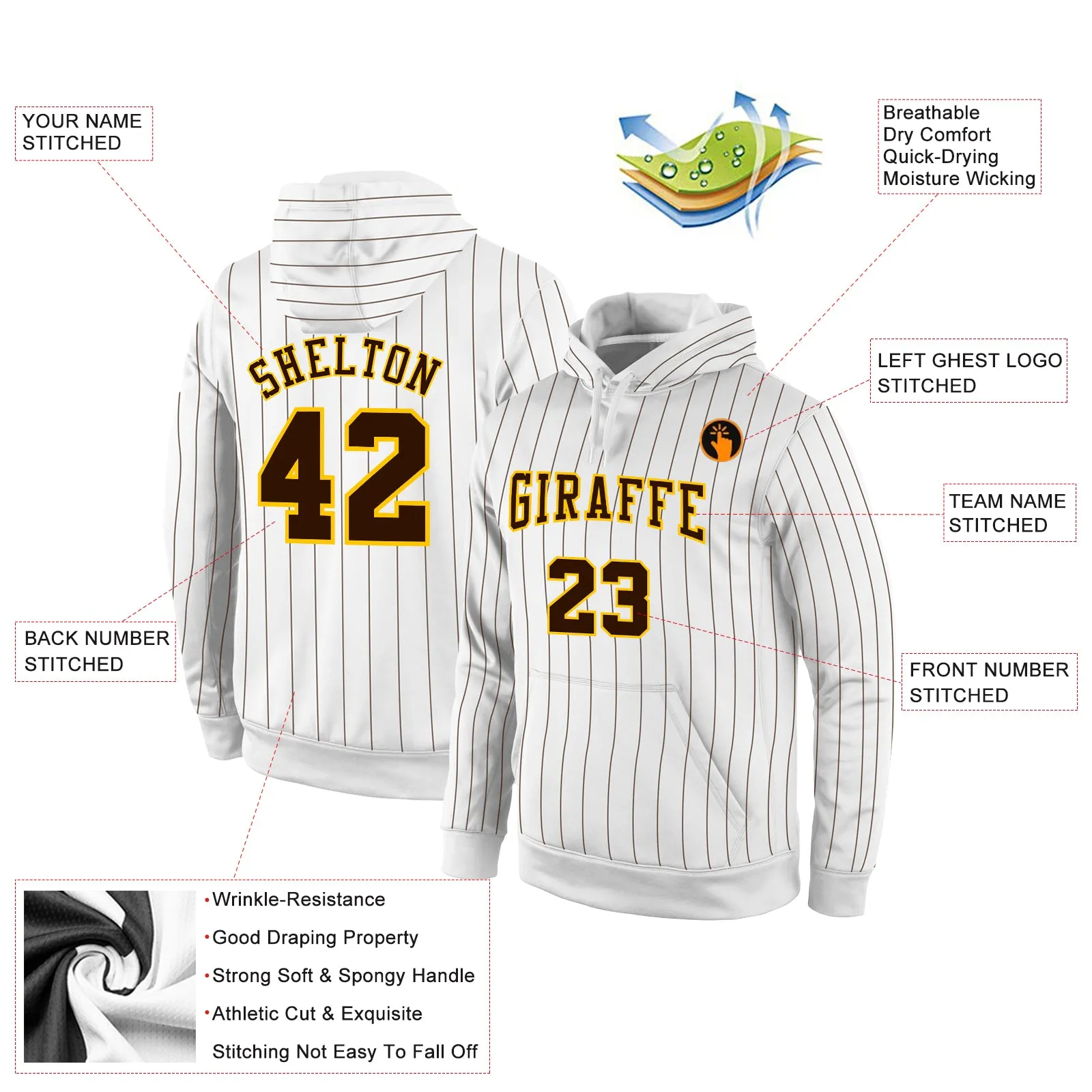 Custom Stitched White Brown Pinstripe Brown-Gold Sports Pullover Sweatshirt Hoodie