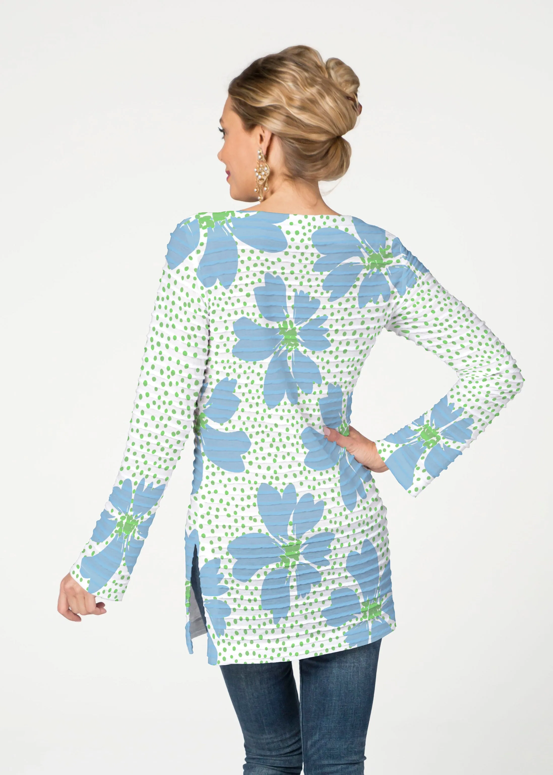 Daisy Dots Blue (8081) ~ Banded Boatneck Tunic