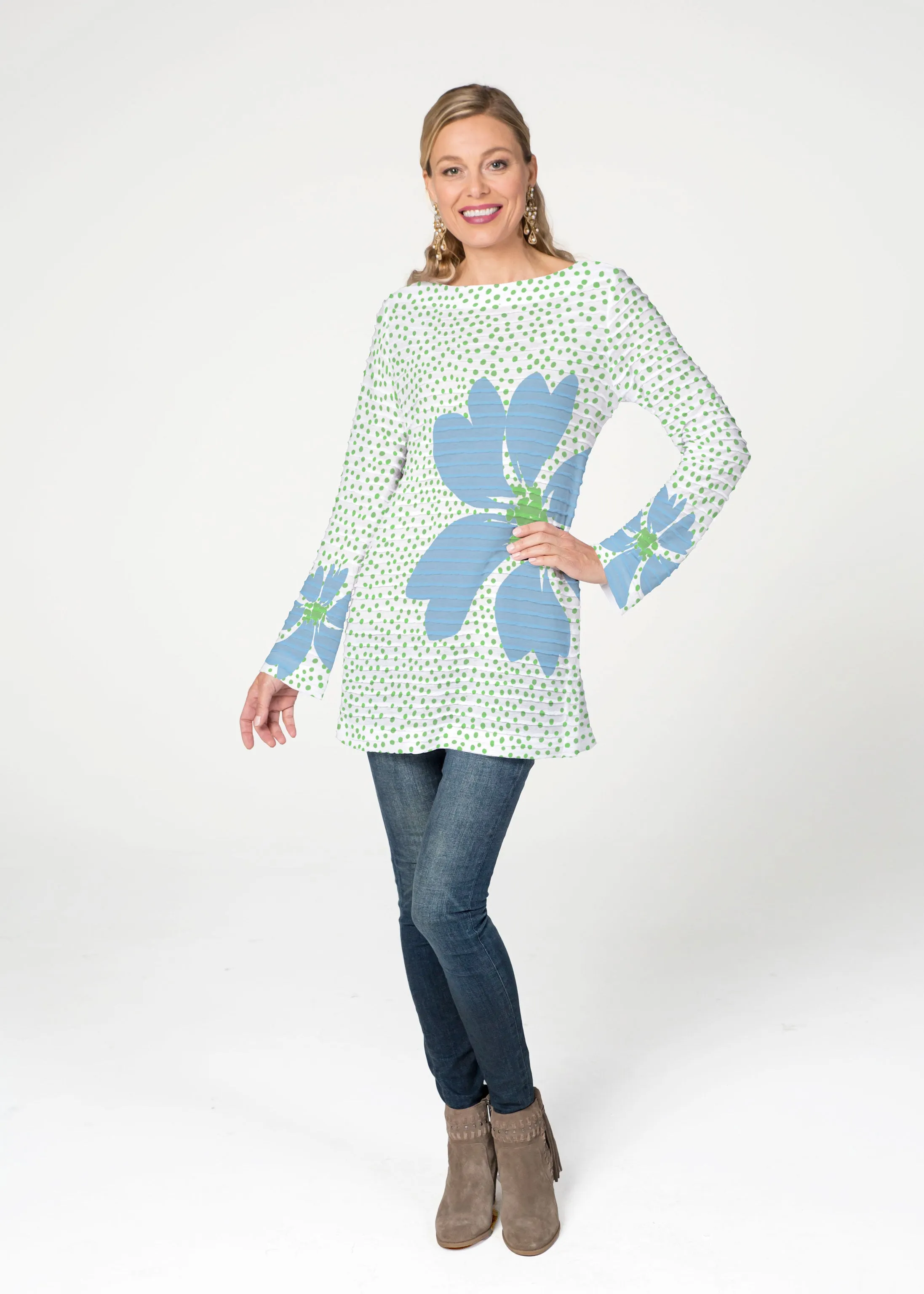 Daisy Dots Blue (8081) ~ Banded Boatneck Tunic
