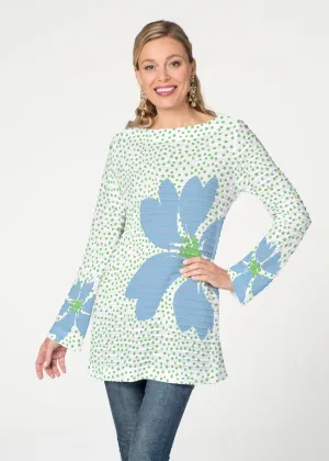 Daisy Dots Blue (8081) ~ Banded Boatneck Tunic