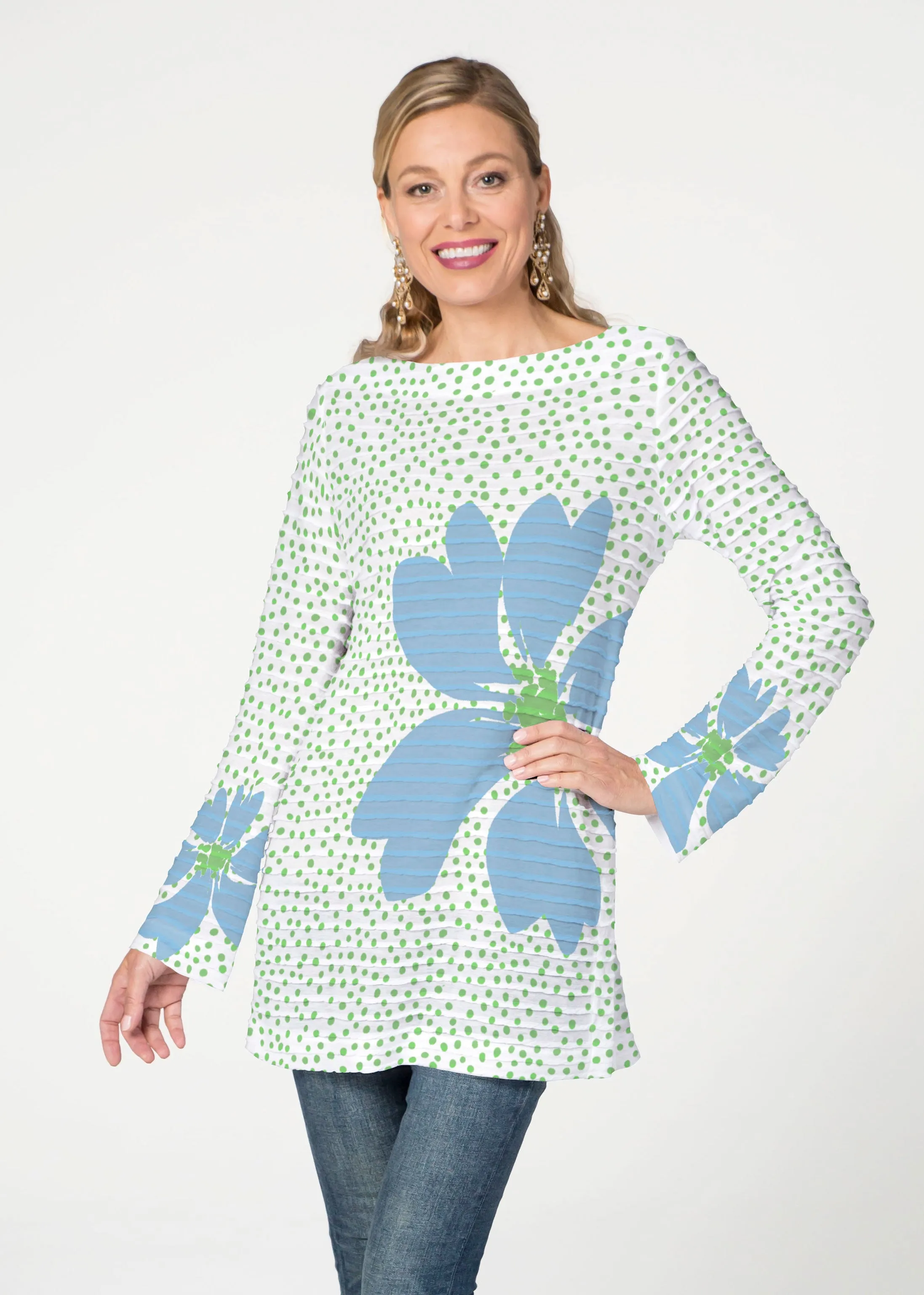 Daisy Dots Blue (8081) ~ Banded Boatneck Tunic