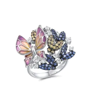 Delicate Blue and Yellow Diamond Butterfly Ring