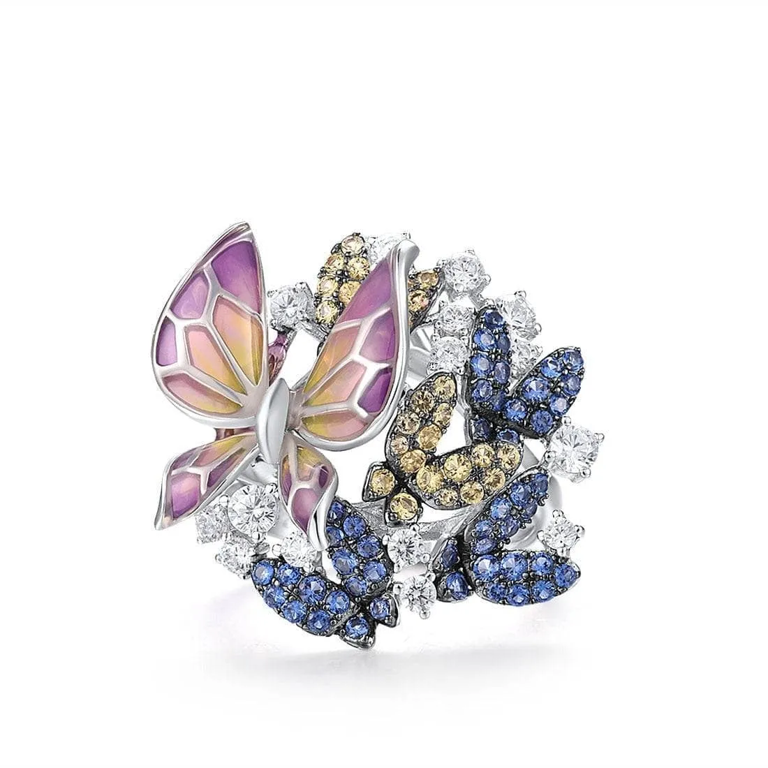 Delicate Blue and Yellow Diamond Butterfly Ring